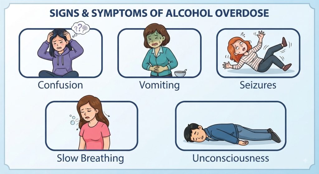 Signs and symptoms of alcohol overdose, including warning signs that require immediate emergency medical attention.